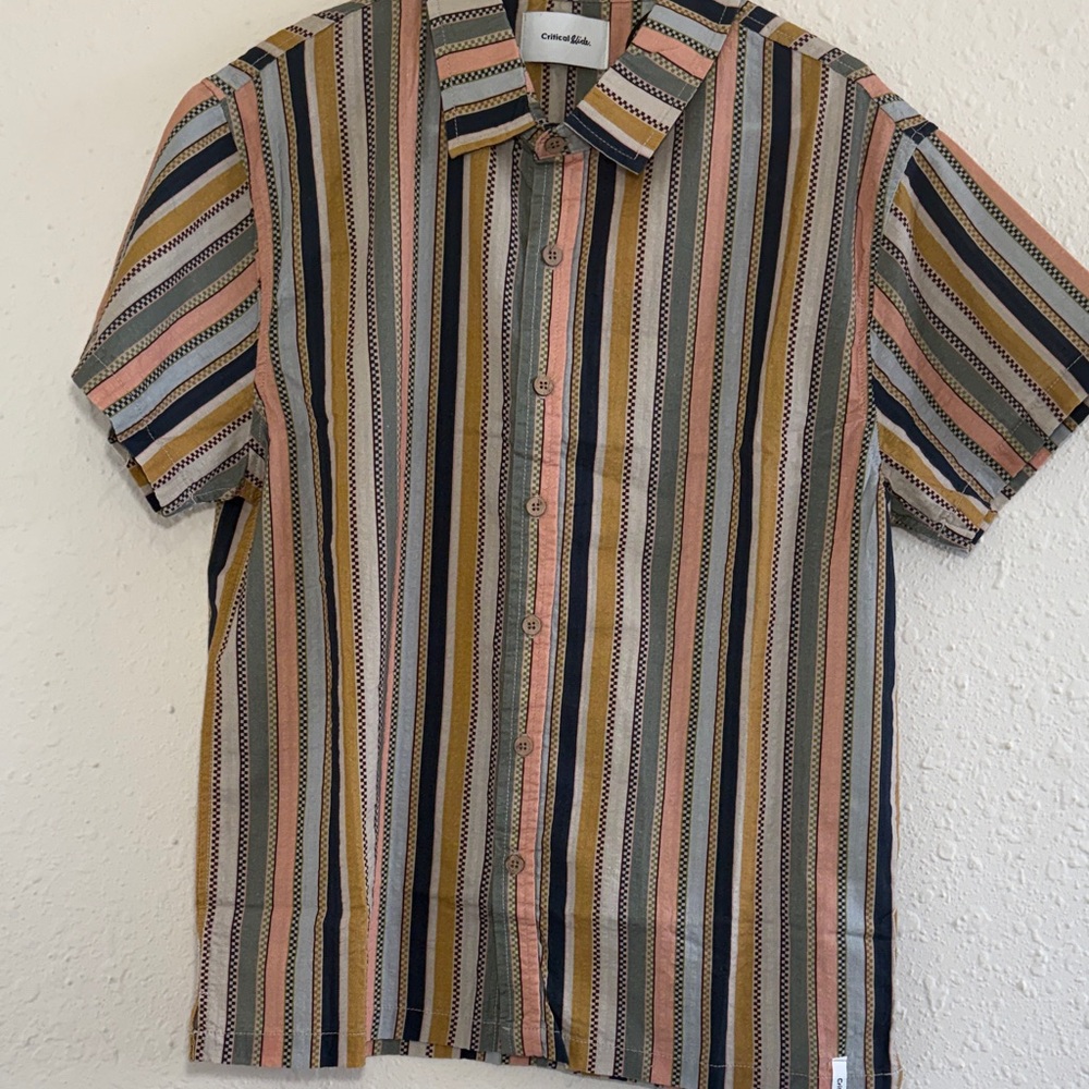 Cotton On Short Sleeve Button-Up Shirt - Navy, Pink, Mustard Stripes small